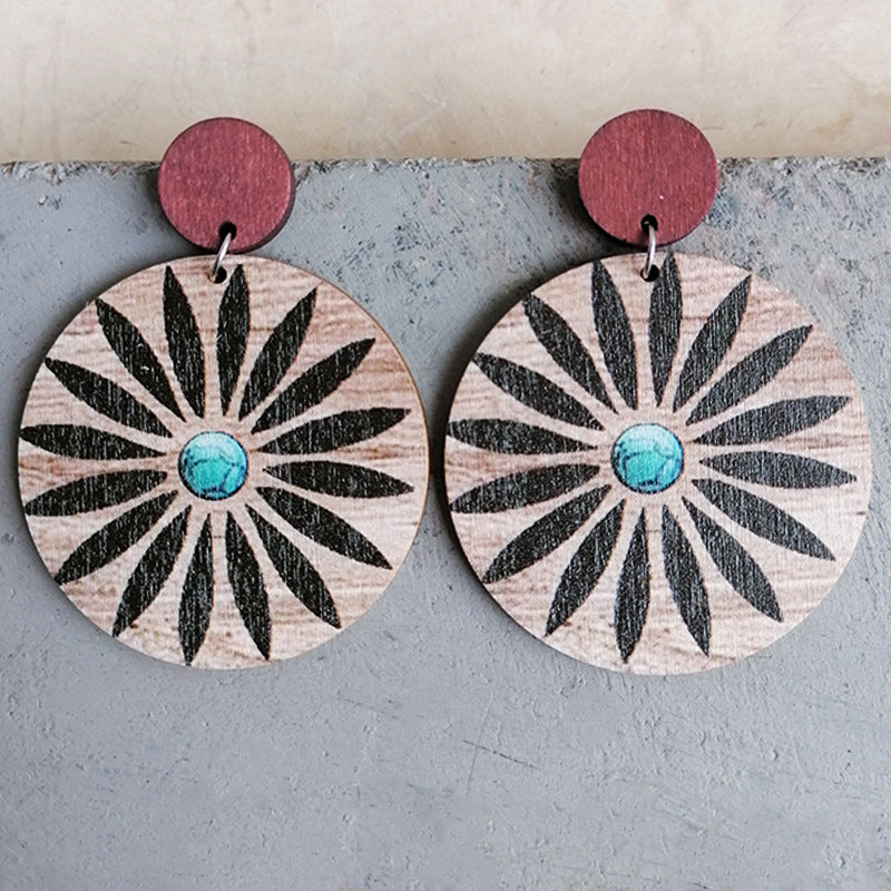 2 pares al por mayor/paquete Aztec Turquesa Patrón Patchwork Pendientes de madera redonda